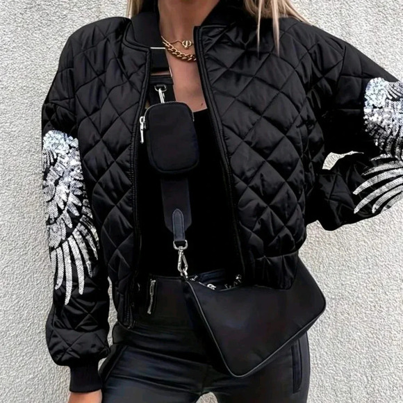Contrast Color Wing Sequin Patchwork Quilted Long Sleeve Jacket - Picture 1 of 6